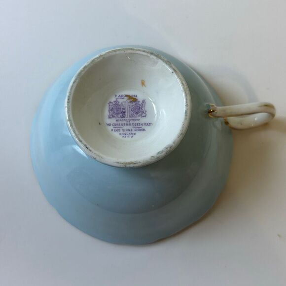 Paragon Tea Cup & Saucer HM the Queen Mary by Appointment teal/gold - Picture 6 of 12